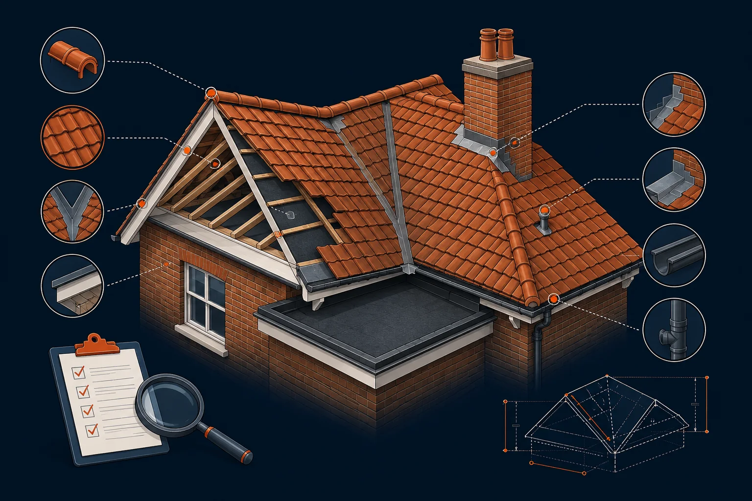 Illustrated overview of roof components considered during an inspection